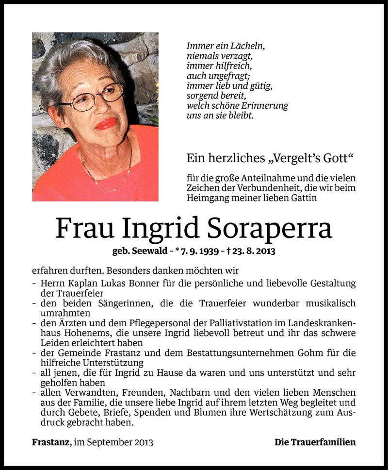  Todesanzeige für Ingrid Soraperra vom 05.09.2013 aus Vorarlberger Nachrichten