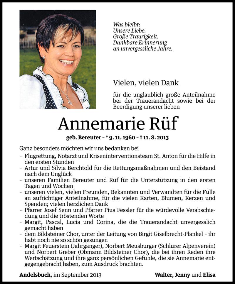  Todesanzeige für Annemarie Rüf vom 05.09.2013 aus Vorarlberger Nachrichten