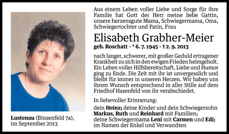  Todesanzeige für Elisabeth Grabher-Meier vom 07.09.2013 aus Vorarlberger Nachrichten