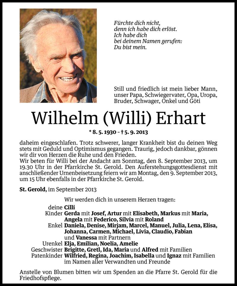 Todesanzeige für Wilhelm Erhart vom 06.09.2013 aus Vorarlberger Nachrichten