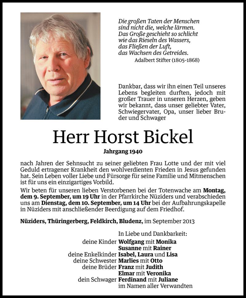  Todesanzeige für Horst Bickel vom 07.09.2013 aus Vorarlberger Nachrichten