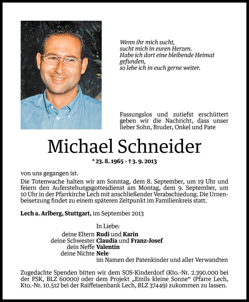  Todesanzeige für Michael Schneider vom 07.09.2013 aus Vorarlberger Nachrichten