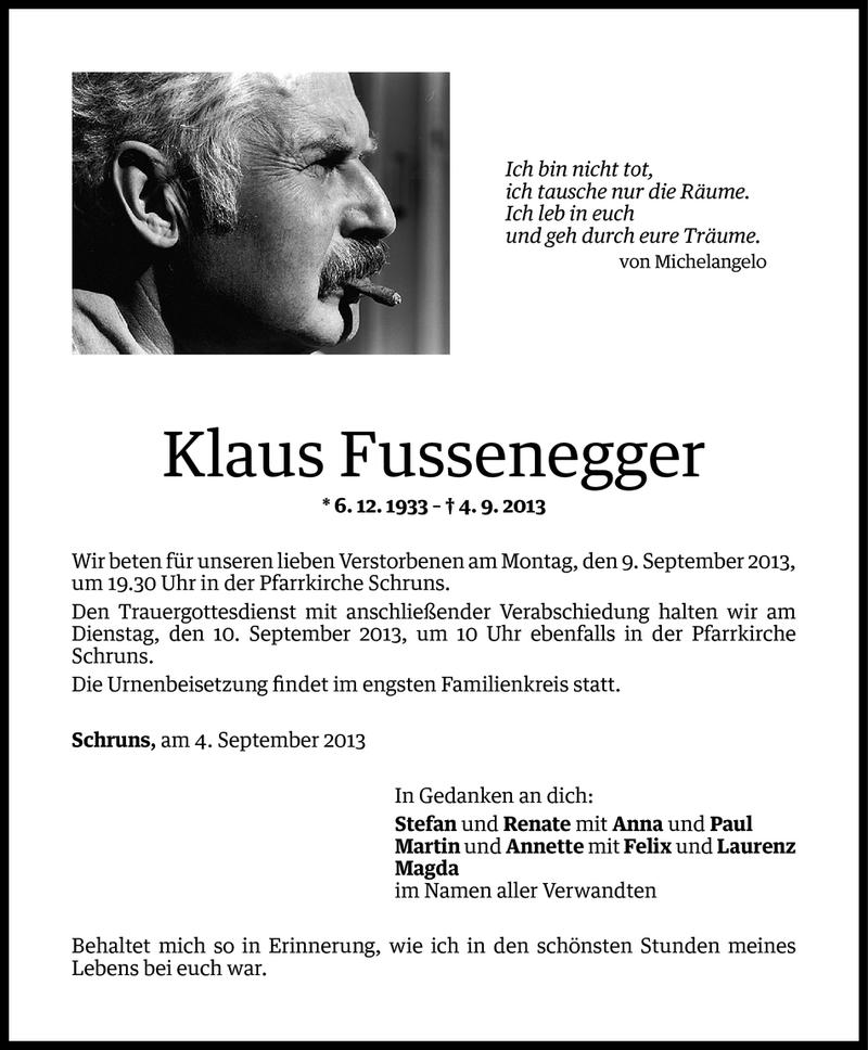  Todesanzeige für Klaus Fussenegger vom 06.09.2013 aus Vorarlberger Nachrichten