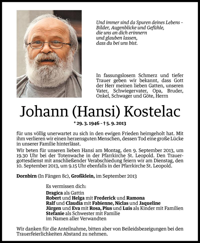  Todesanzeige für Johann Kostelac vom 06.09.2013 aus Vorarlberger Nachrichten