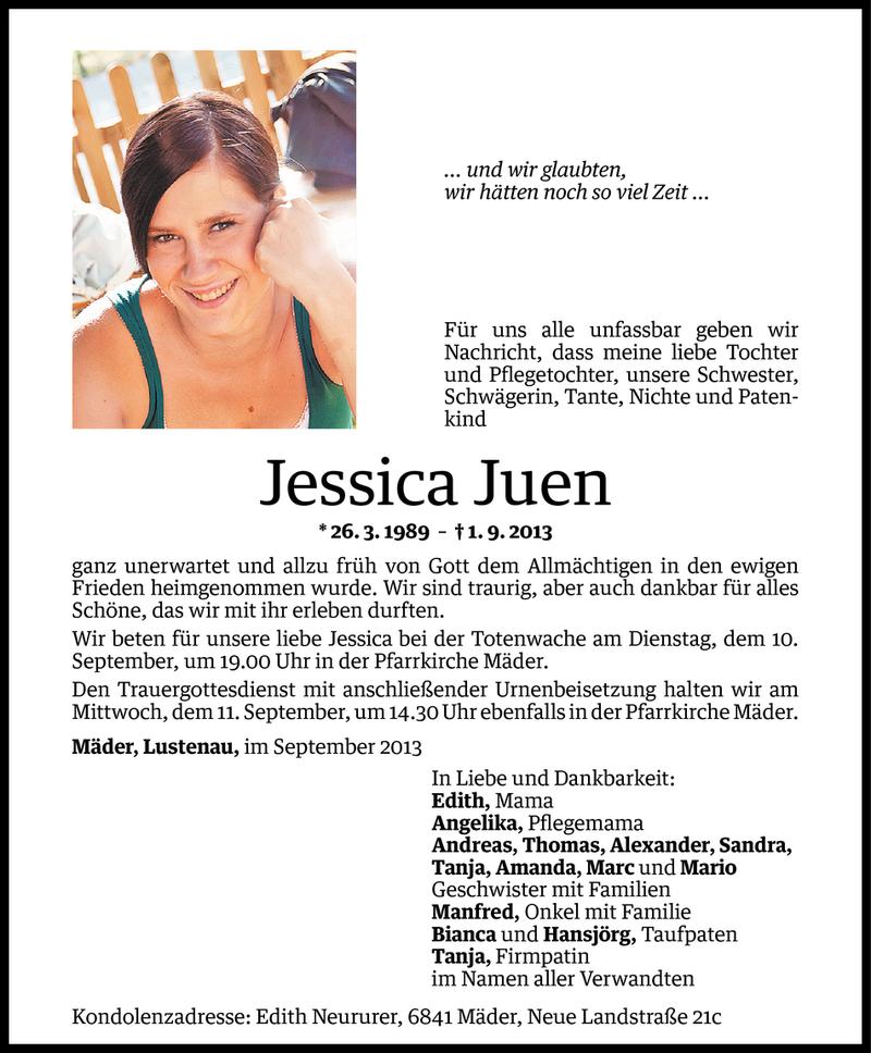  Todesanzeige für Jessica Juen vom 07.09.2013 aus Vorarlberger Nachrichten