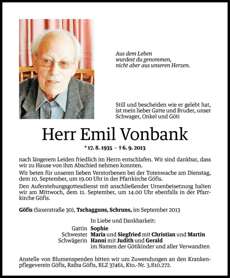  Todesanzeige für Emil Vonbank vom 07.09.2013 aus Vorarlberger Nachrichten