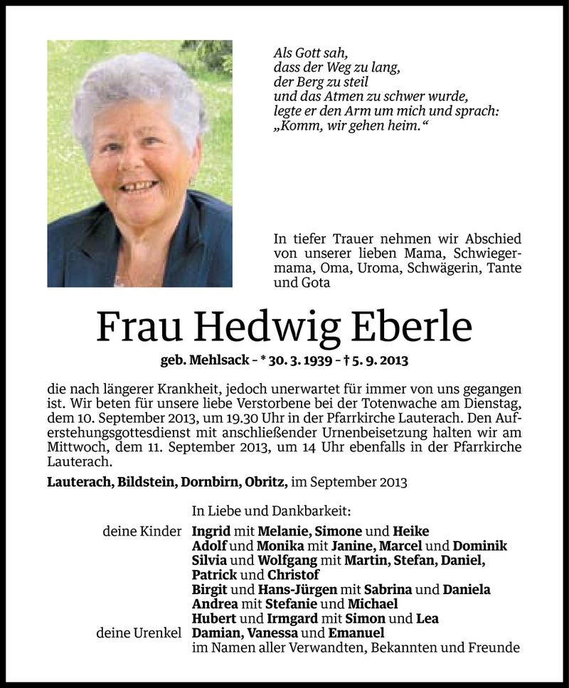  Todesanzeige für Hedwig Eberle vom 06.09.2013 aus Vorarlberger Nachrichten