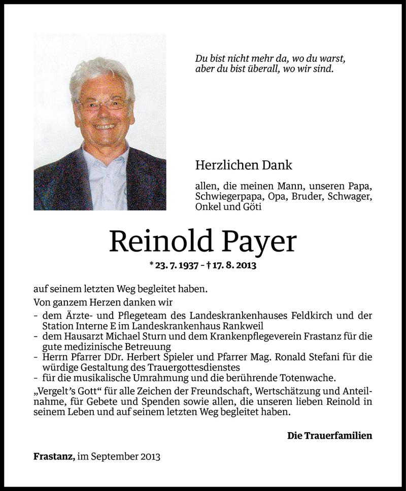  Todesanzeige für Reinold Payer vom 08.09.2013 aus Vorarlberger Nachrichten