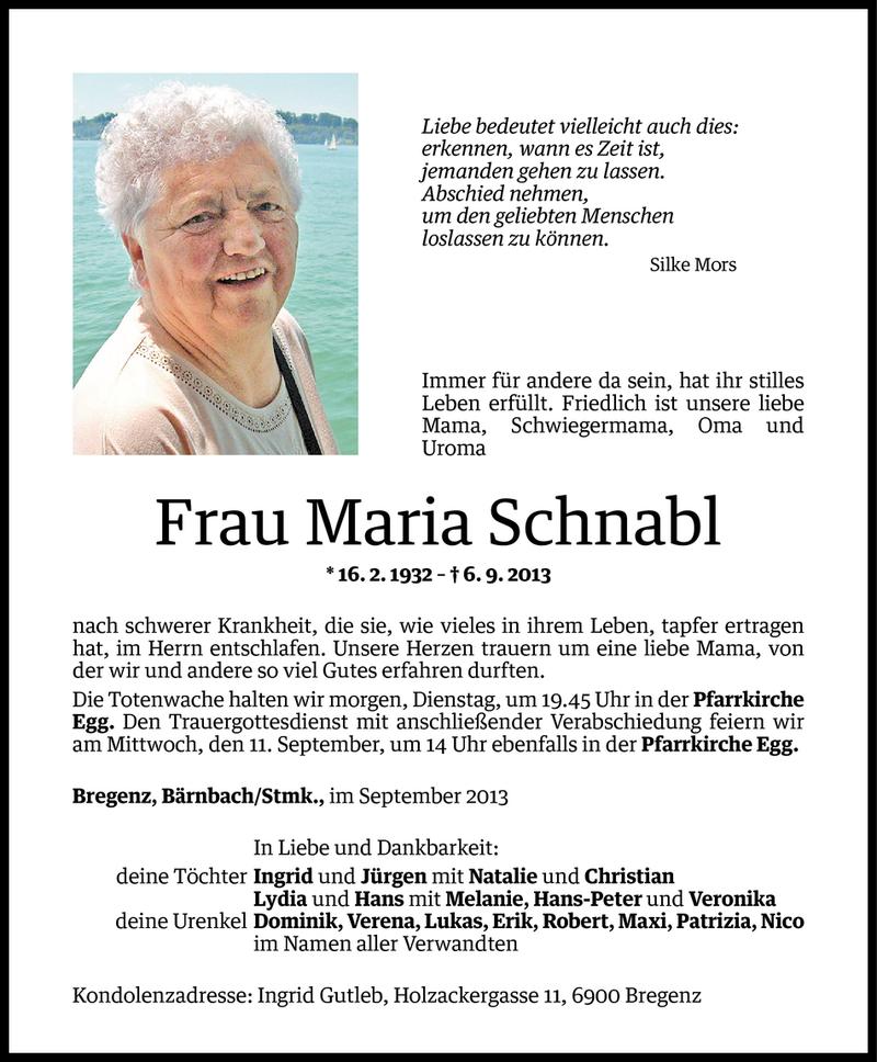  Todesanzeige für Maria Schnabl vom 08.09.2013 aus Vorarlberger Nachrichten