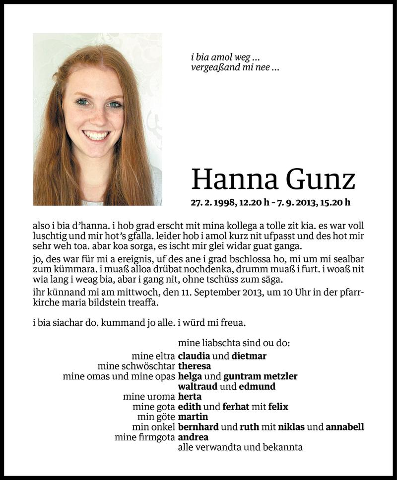  Todesanzeige für Hanna Gunz vom 08.09.2013 aus Vorarlberger Nachrichten