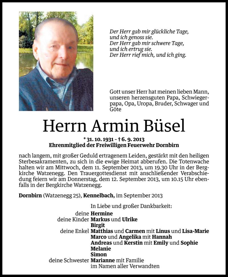  Todesanzeige für Armin Büsel vom 09.09.2013 aus Vorarlberger Nachrichten