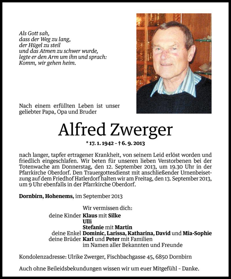  Todesanzeige für Alfred Zwerger vom 09.09.2013 aus Vorarlberger Nachrichten