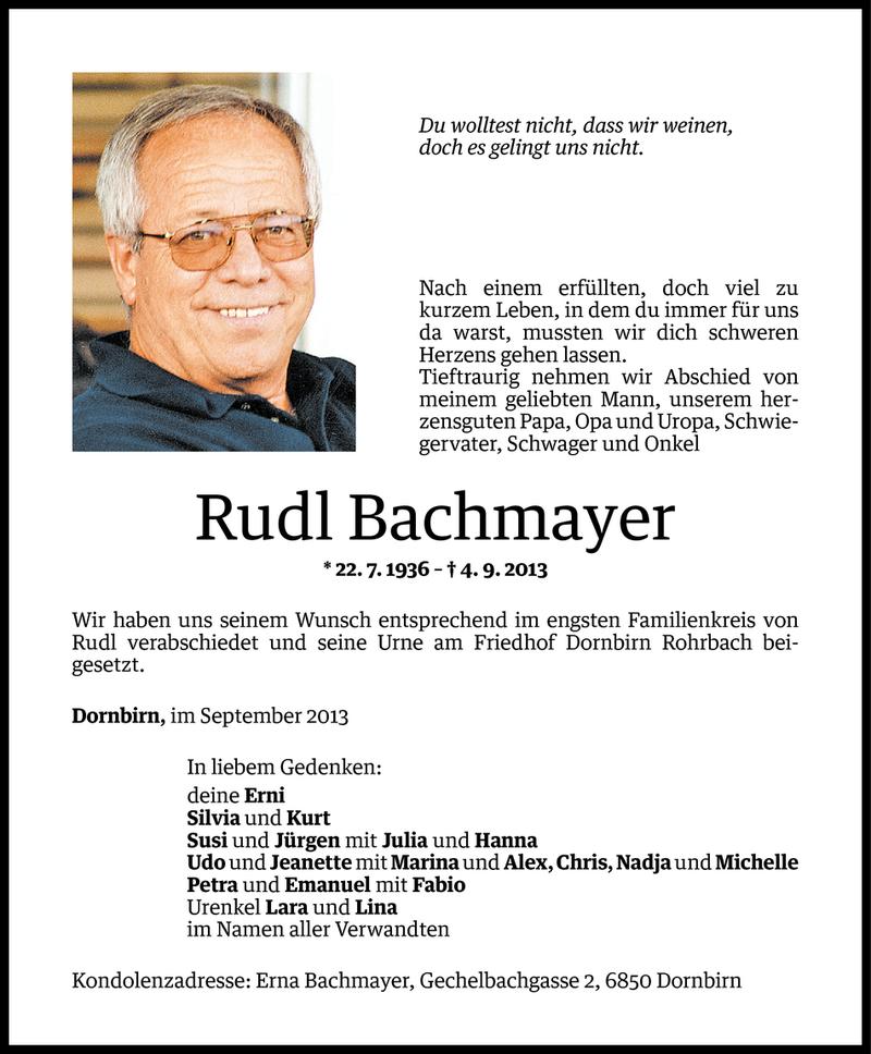  Todesanzeige für Rudl Bachmayer vom 10.09.2013 aus Vorarlberger Nachrichten