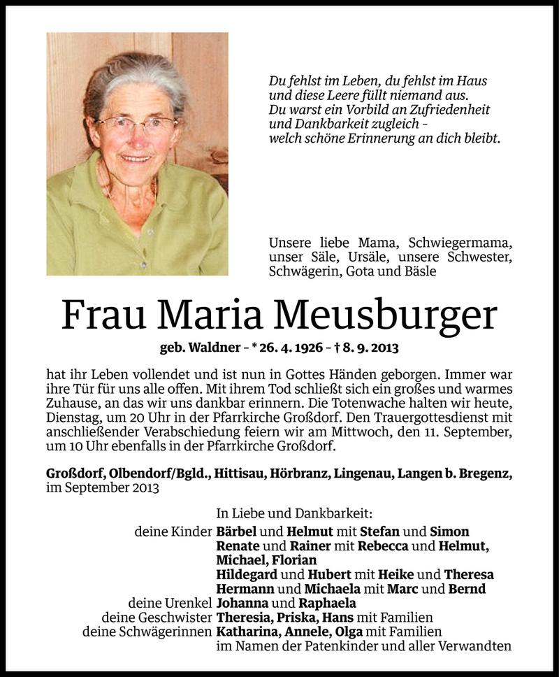  Todesanzeige für Maria Meusburger vom 09.09.2013 aus Vorarlberger Nachrichten