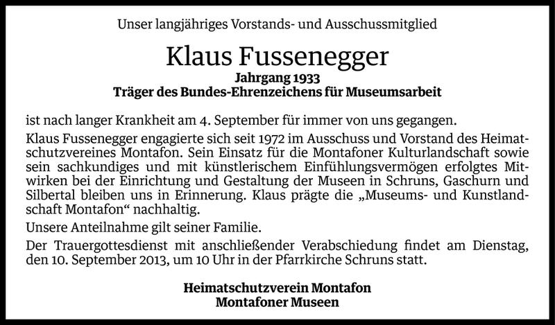  Todesanzeige für Klaus Fussenegger vom 09.09.2013 aus Vorarlberger Nachrichten