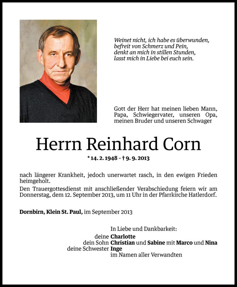  Todesanzeige für Reinhard Corn vom 09.09.2013 aus Vorarlberger Nachrichten