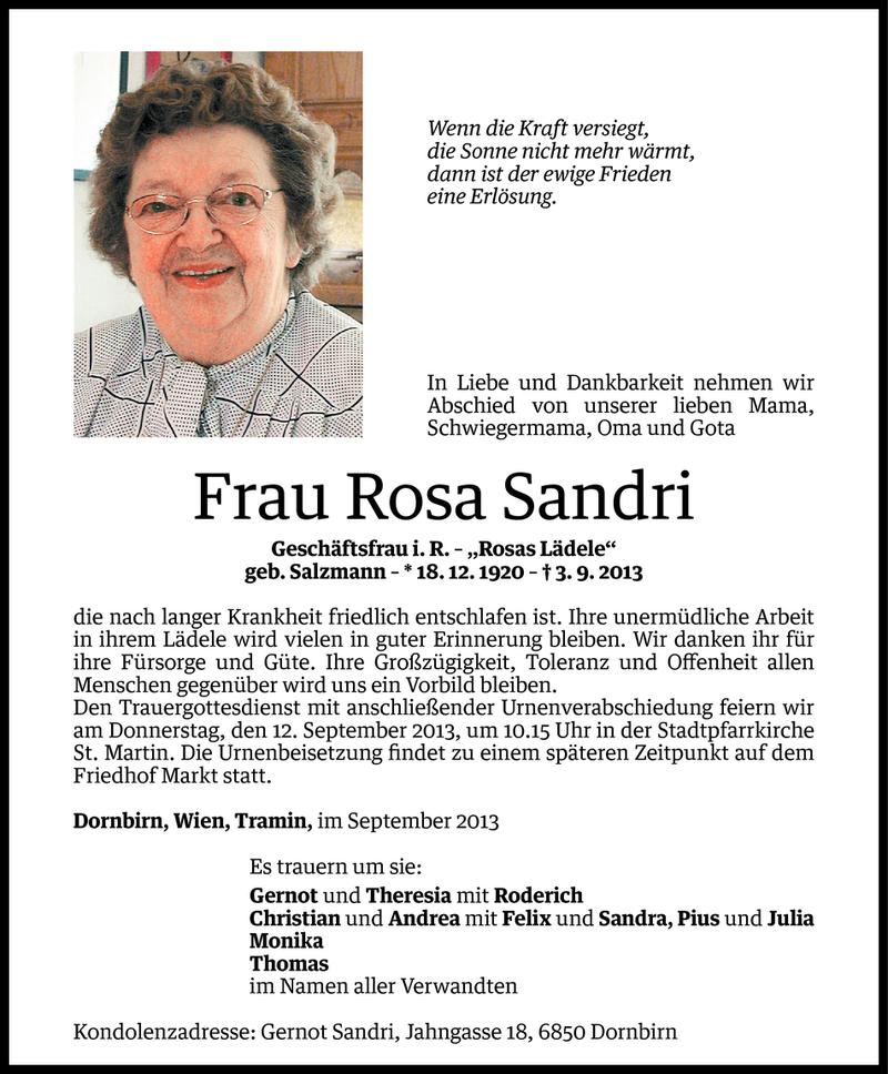  Todesanzeige für Rosa Sandri vom 09.09.2013 aus Vorarlberger Nachrichten