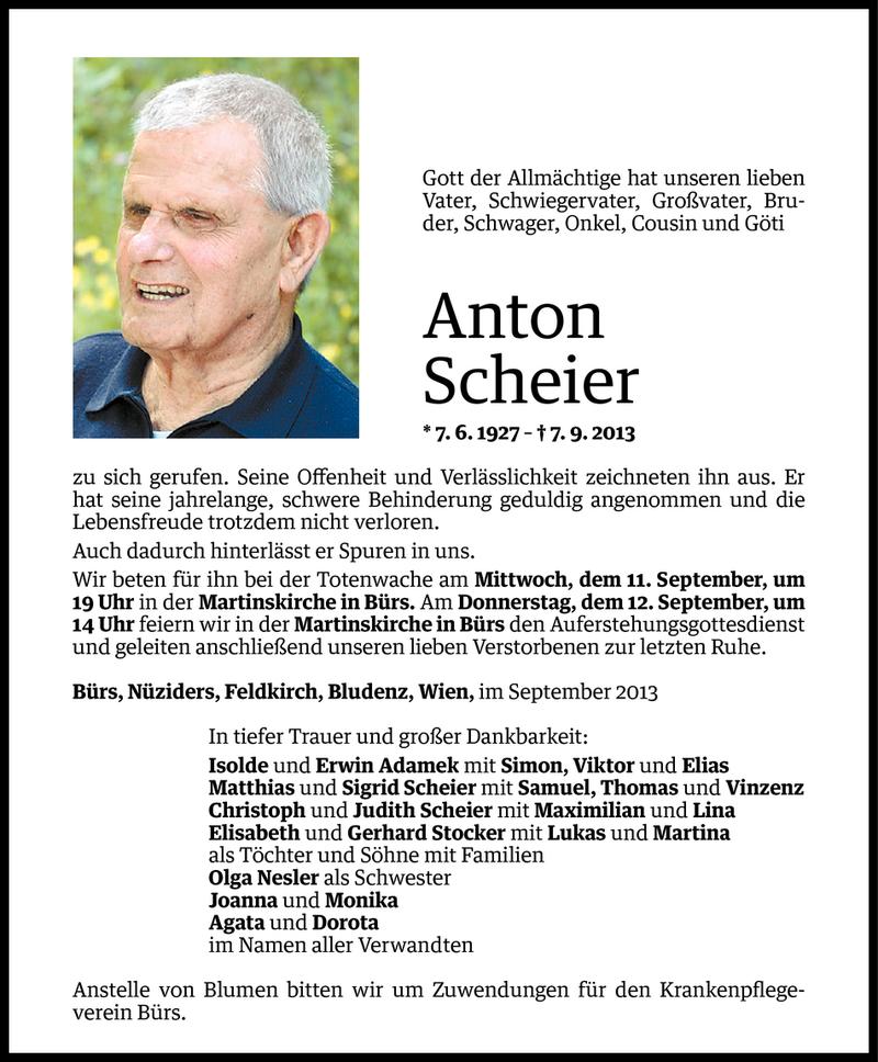  Todesanzeige für Anton Scheier vom 11.09.2013 aus Vorarlberger Nachrichten