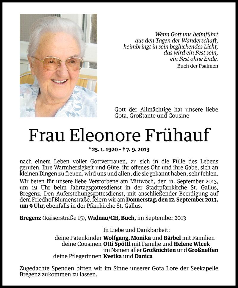  Todesanzeige für Eleonore Frühauf vom 09.09.2013 aus Vorarlberger Nachrichten