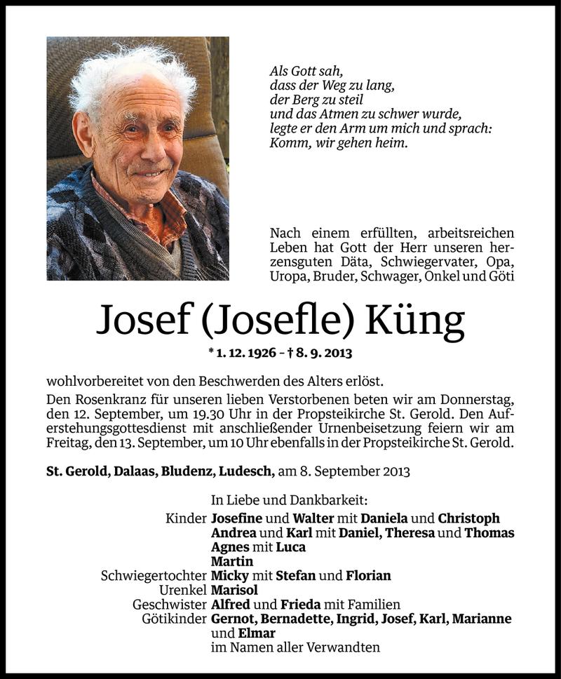  Todesanzeige für Josef Küng vom 10.09.2013 aus Vorarlberger Nachrichten