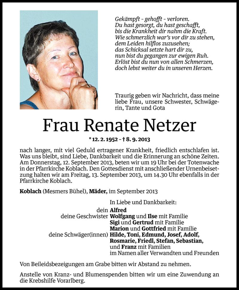  Todesanzeige für Renate Netzer vom 10.09.2013 aus Vorarlberger Nachrichten