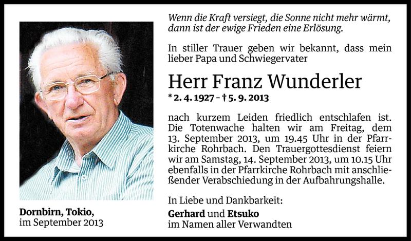  Todesanzeige für Franz Wunderler vom 10.09.2013 aus Vorarlberger Nachrichten