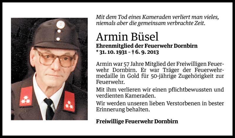  Todesanzeige für Armin Büsel vom 10.09.2013 aus Vorarlberger Nachrichten