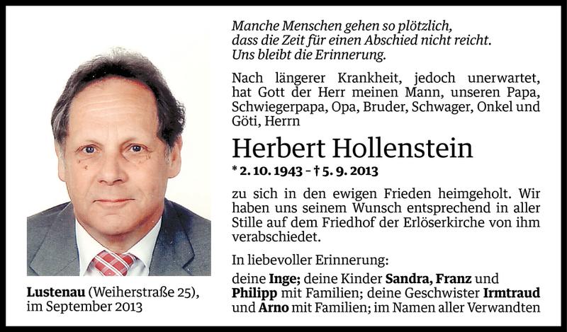  Todesanzeige für Herbert Hollenstein vom 11.09.2013 aus Vorarlberger Nachrichten