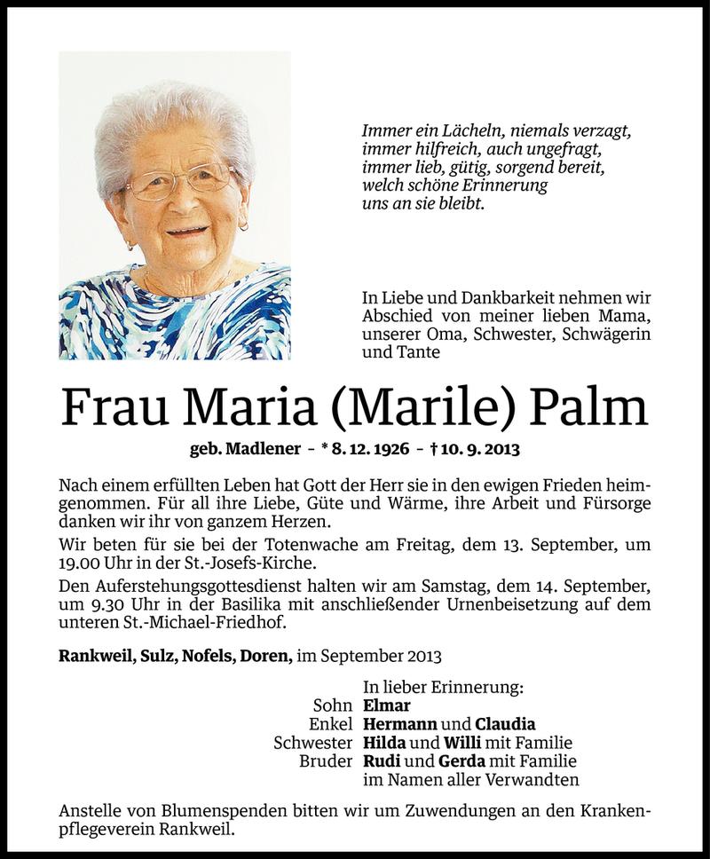  Todesanzeige für Maria Palm vom 12.09.2013 aus Vorarlberger Nachrichten