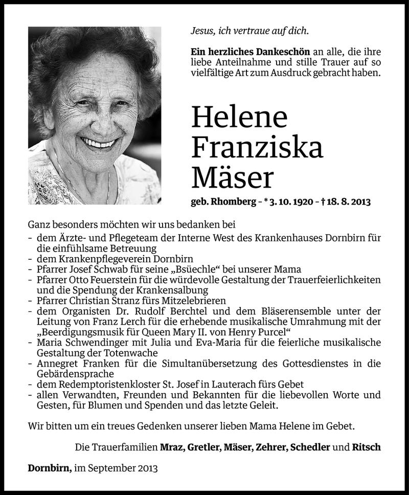  Todesanzeige für Helene Franziska Mäser vom 12.09.2013 aus Vorarlberger Nachrichten