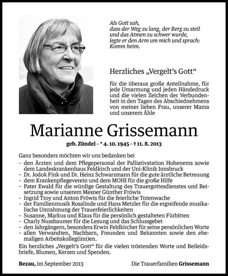  Todesanzeige für Marianne Grissemann vom 11.09.2013 aus Vorarlberger Nachrichten