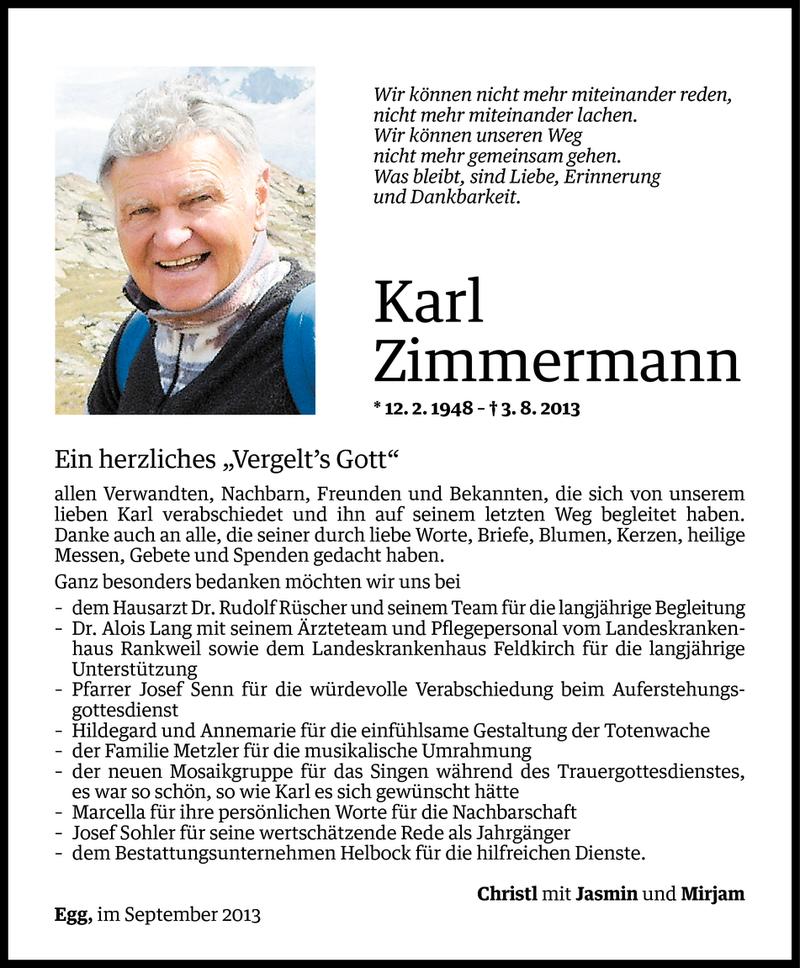  Todesanzeige für Karl Zimmermann vom 11.09.2013 aus Vorarlberger Nachrichten