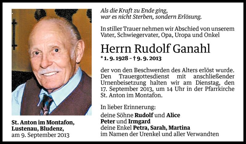  Todesanzeige für Rudolf Ganahl vom 12.09.2013 aus Vorarlberger Nachrichten