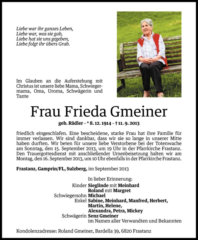  Todesanzeige für Frieda Gmeiner vom 12.09.2013 aus Vorarlberger Nachrichten