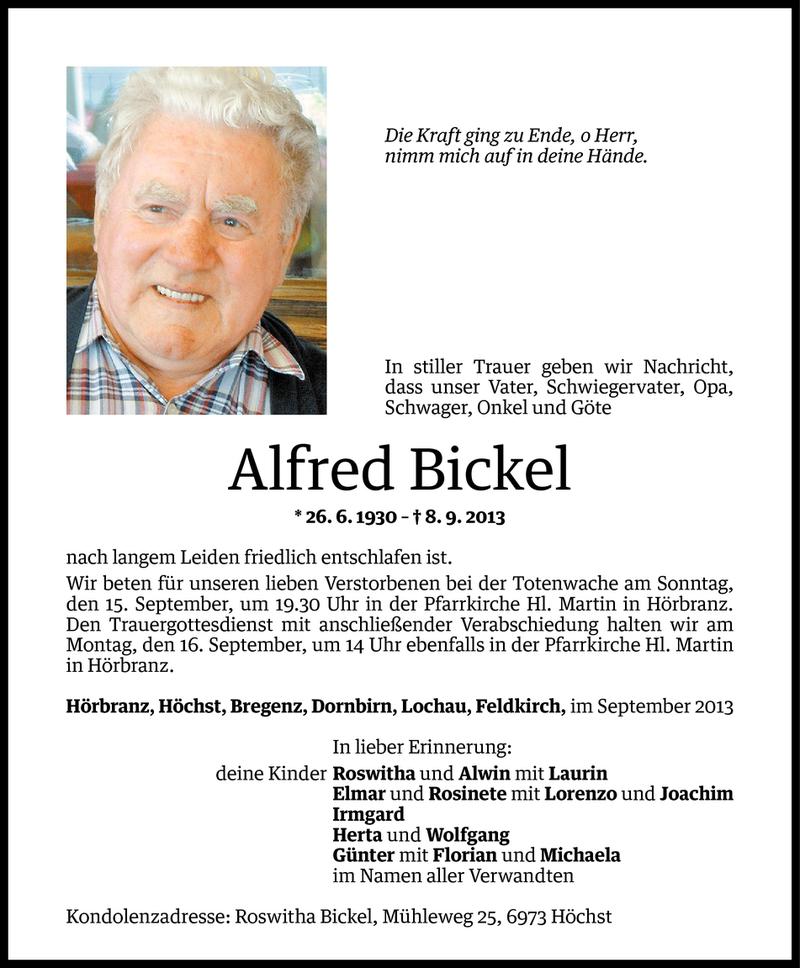  Todesanzeige für Alfred Bickel vom 13.09.2013 aus Vorarlberger Nachrichten