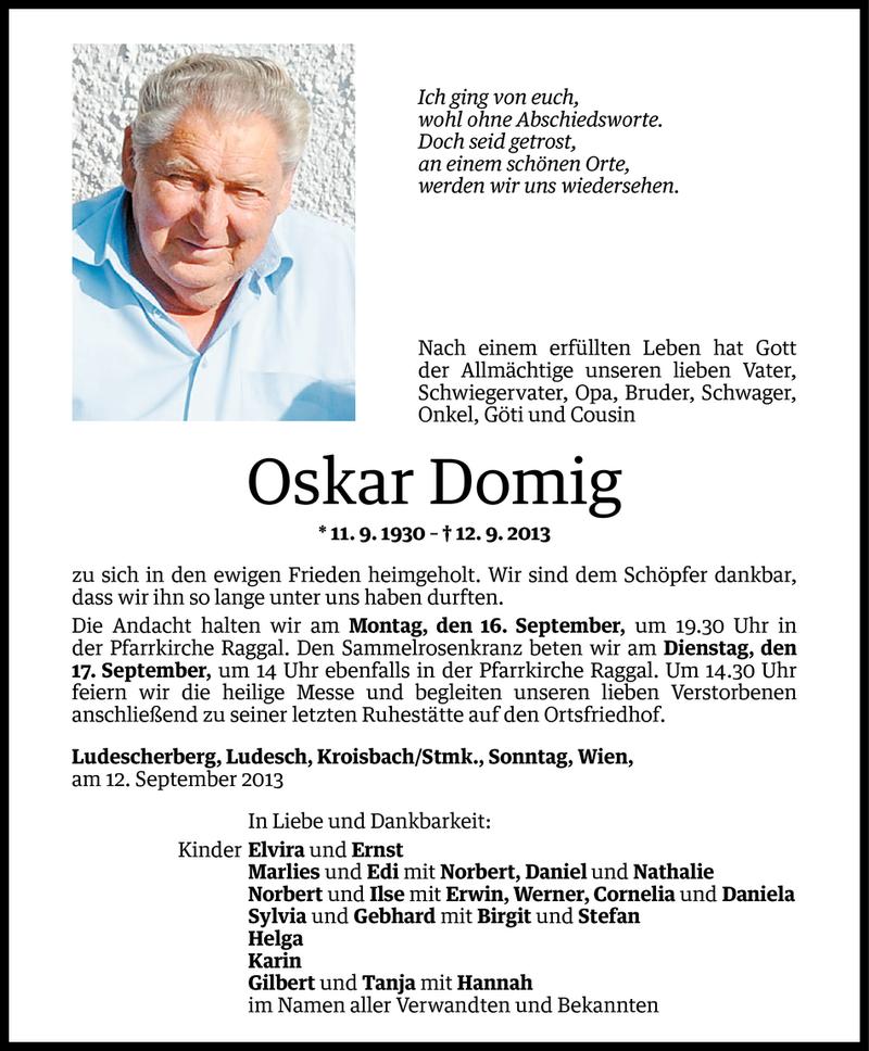  Todesanzeige für Oskar Domig vom 13.09.2013 aus Vorarlberger Nachrichten