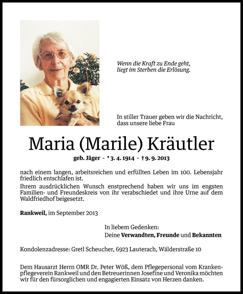  Todesanzeige für Maria Kräutler vom 17.09.2013 aus Vorarlberger Nachrichten