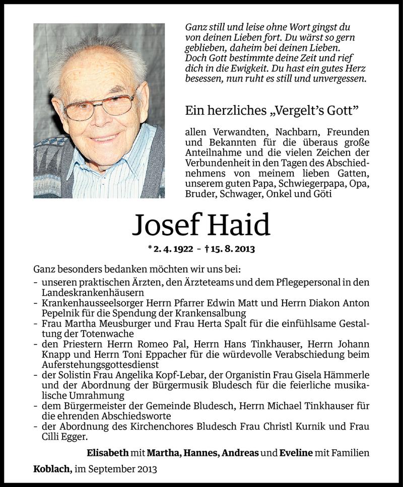  Todesanzeige für Josef Haid vom 14.09.2013 aus Vorarlberger Nachrichten