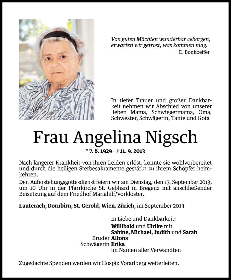  Todesanzeige für Angelina Nigsch vom 13.09.2013 aus Vorarlberger Nachrichten