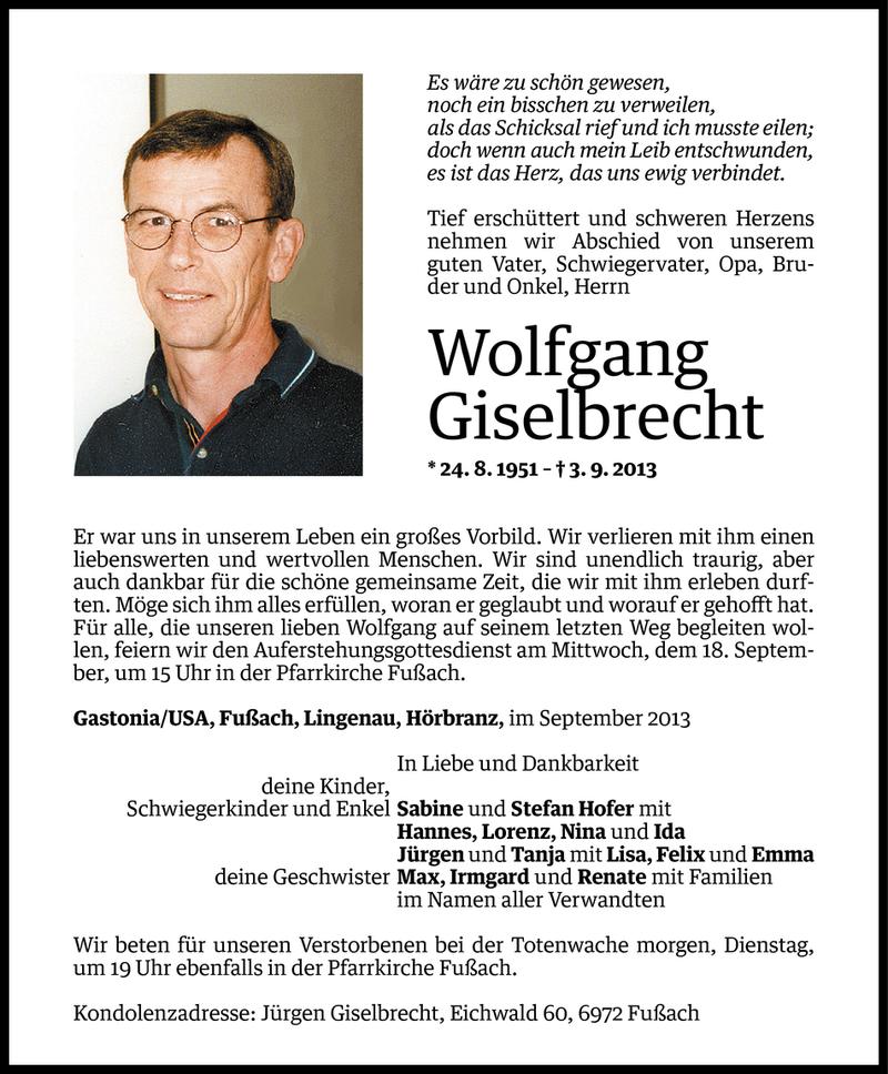  Todesanzeige für Wolfgang Giselbrecht vom 15.09.2013 aus Vorarlberger Nachrichten