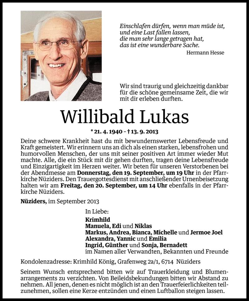  Todesanzeige für Willibald Lukas vom 17.09.2013 aus Vorarlberger Nachrichten