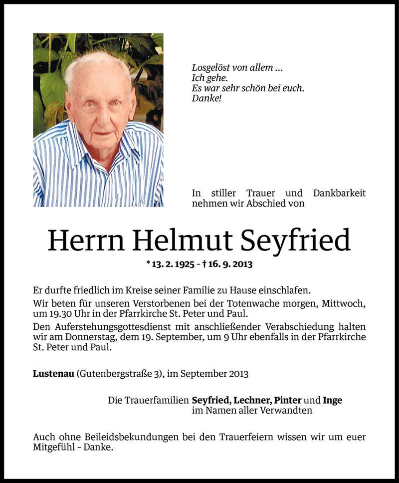  Todesanzeige für Helmut Seyfried vom 16.09.2013 aus Vorarlberger Nachrichten