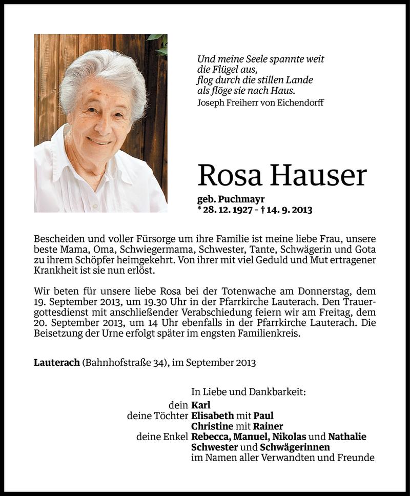  Todesanzeige für Rosa Hauser vom 17.09.2013 aus Vorarlberger Nachrichten