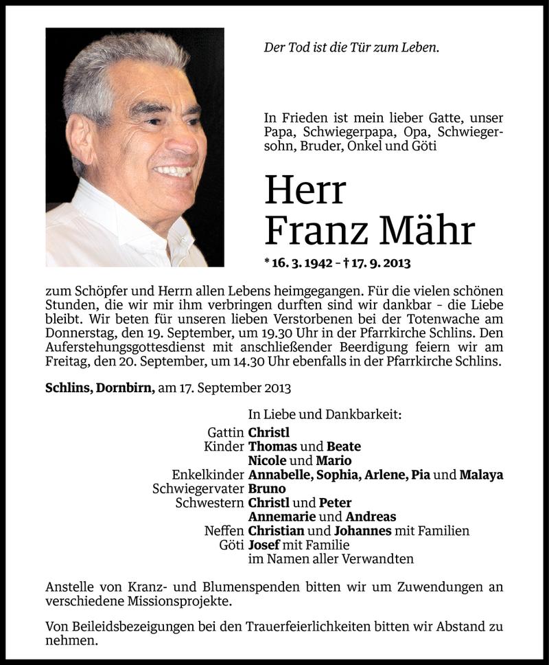  Todesanzeige für Franz Mähr vom 18.09.2013 aus Vorarlberger Nachrichten