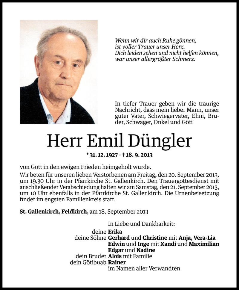  Todesanzeige für Emil Düngler vom 18.09.2013 aus Vorarlberger Nachrichten