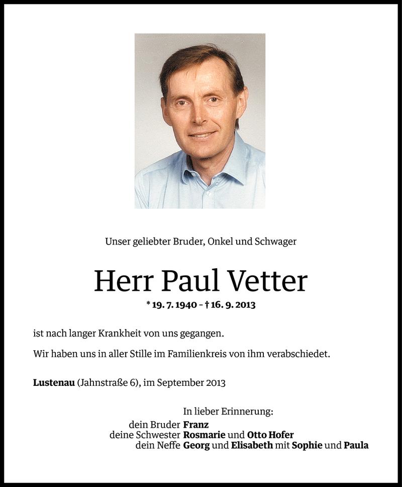  Todesanzeige für Paul Vetter vom 21.09.2013 aus Vorarlberger Nachrichten