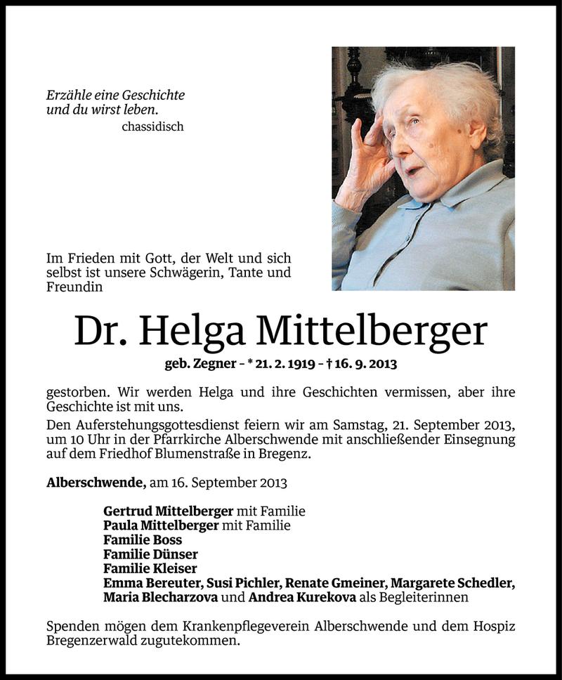  Todesanzeige für Dr. Helga Mittelberger vom 18.09.2013 aus Vorarlberger Nachrichten