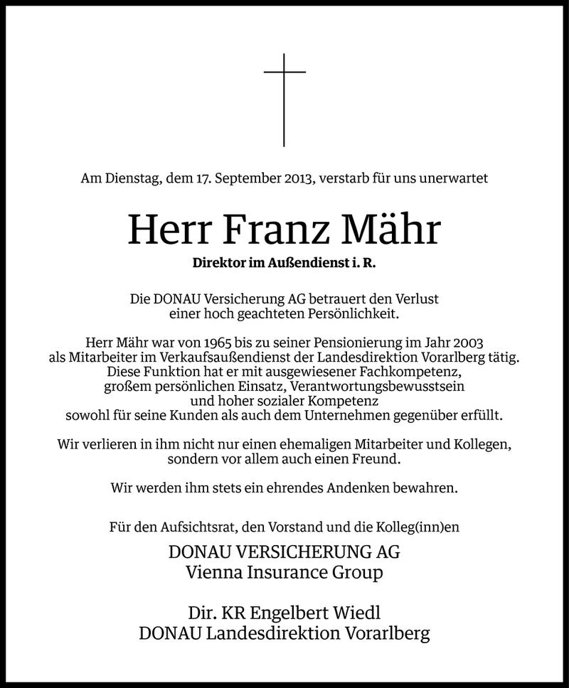  Todesanzeige für Franz Mähr vom 18.09.2013 aus Vorarlberger Nachrichten