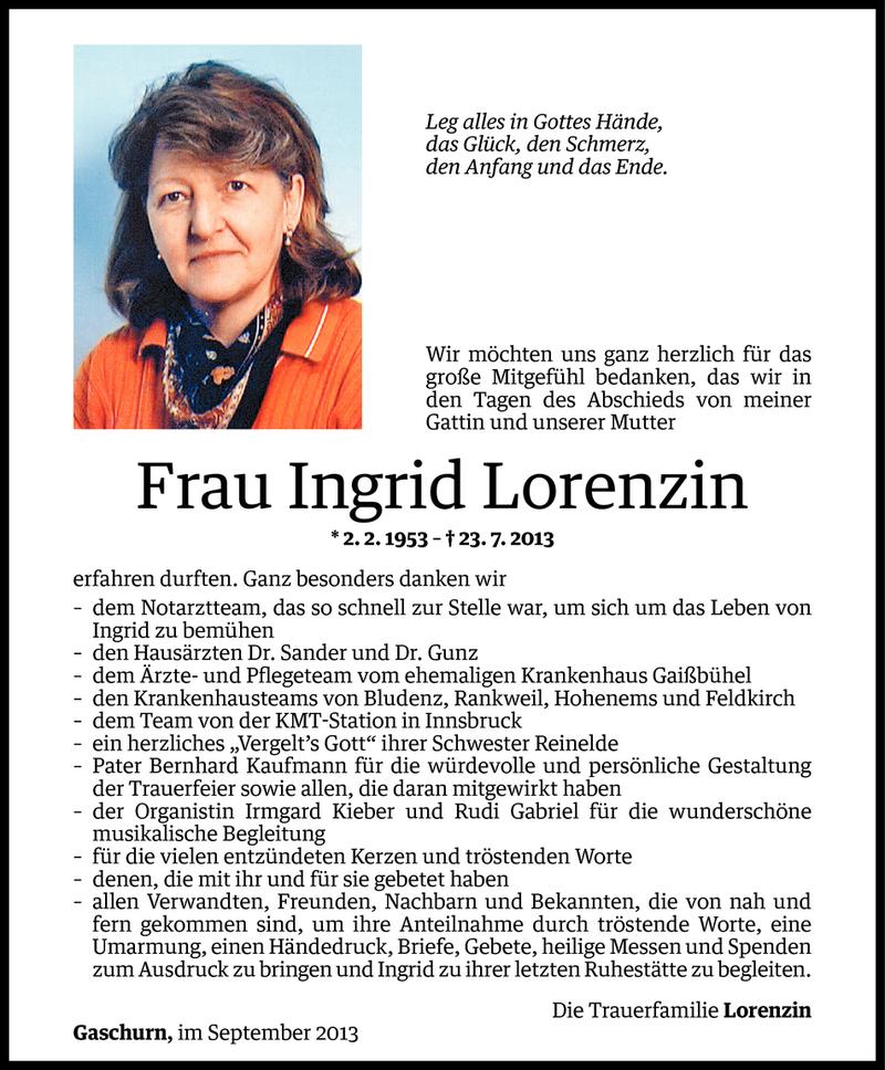  Todesanzeige für Ingrid Lorenzin vom 19.09.2013 aus Vorarlberger Nachrichten