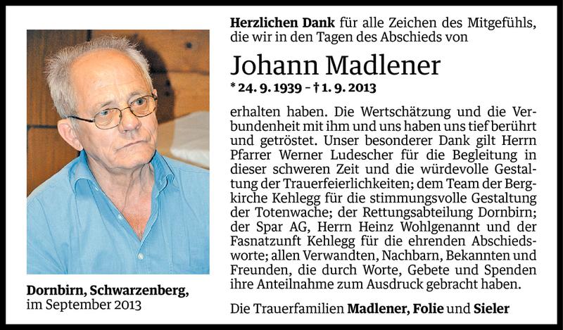  Todesanzeige für Johann Madlener vom 19.09.2013 aus Vorarlberger Nachrichten